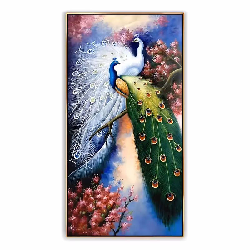 a tall vertical oil painting of a white peacock and a blue-green peacock perched together on a branch, their long tails falling down the panel among pink cherry blossoms and blue sky