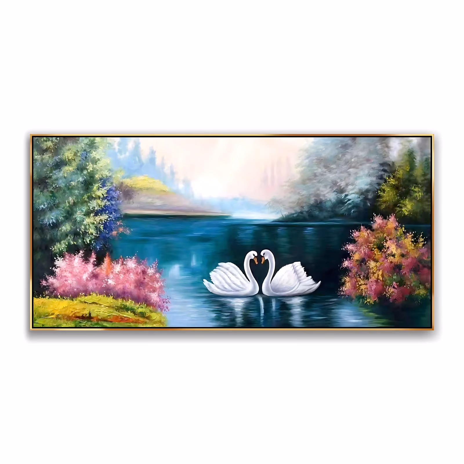 a large panoramic impressionist painting of two white swans meeting beak to beak on a dark teal lake, framed by pink flowering bushes, green trees and misty hills, in blended oil with knife texture