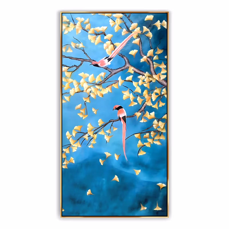 a tall vertical realist painting of two pink long-tailed birds perched on brown ginkgo branches, one upper left and one at center, ringed by golden fan-shaped leaves drifting down a deep teal ground, in smooth acrylic
