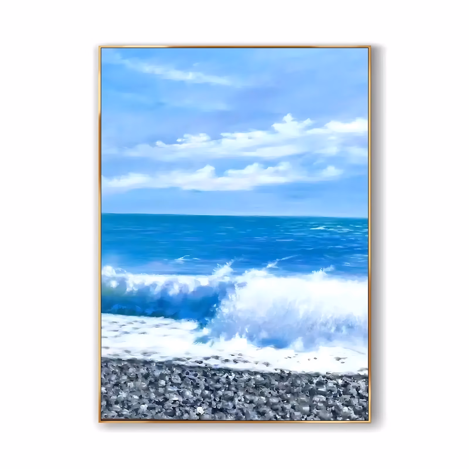 a large vertical photorealistic seascape painting of a white wave curling and breaking onto a gray pebble beach in the lower third, with turquoise water behind and a blue sky of scattered clouds above, in blended acrylic