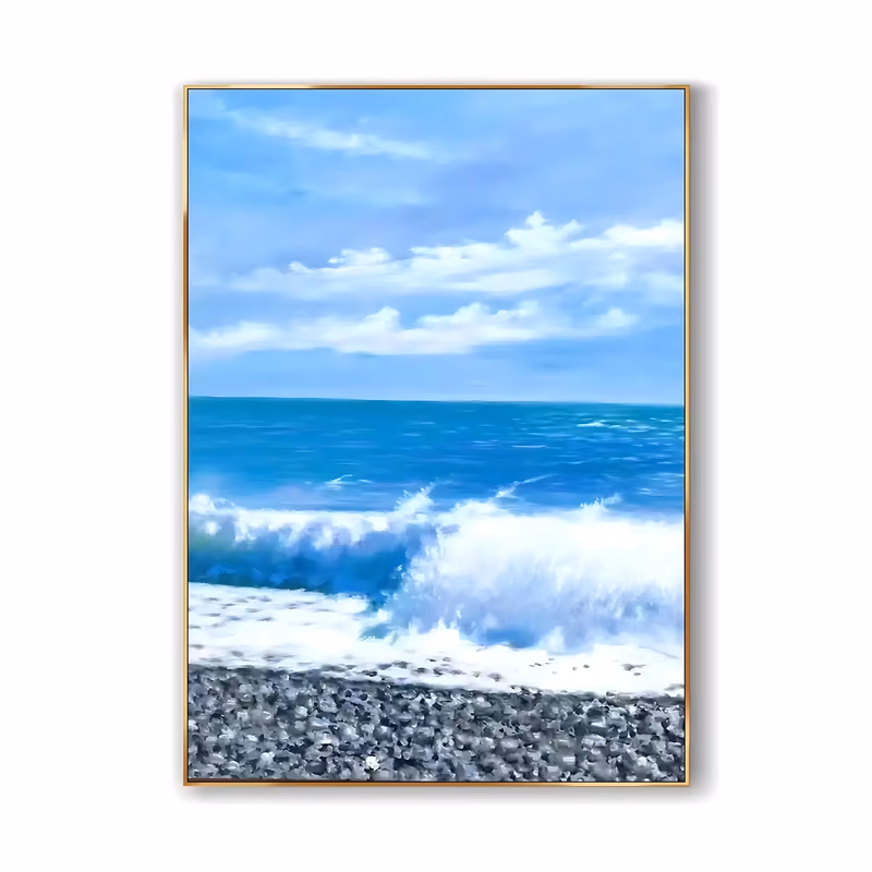 a large vertical photorealistic seascape painting of a white wave curling and breaking onto a gray pebble beach in the lower third, with turquoise water behind and a blue sky of scattered clouds above, in blended acrylic