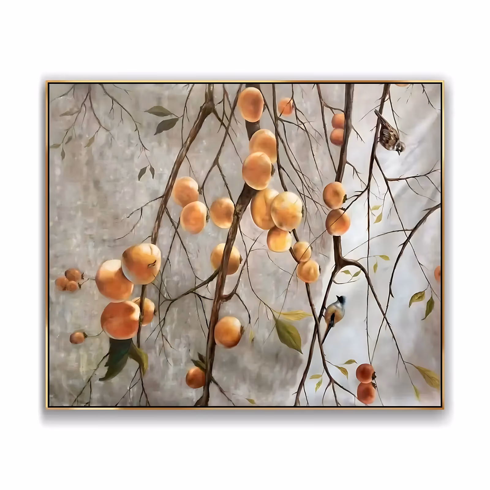 a wide horizontal realist painting of orange persimmons hanging in clusters from slim bare brown branches, two small sparrows perched on the right, against a softly mottled gray ground, in smooth layered oil