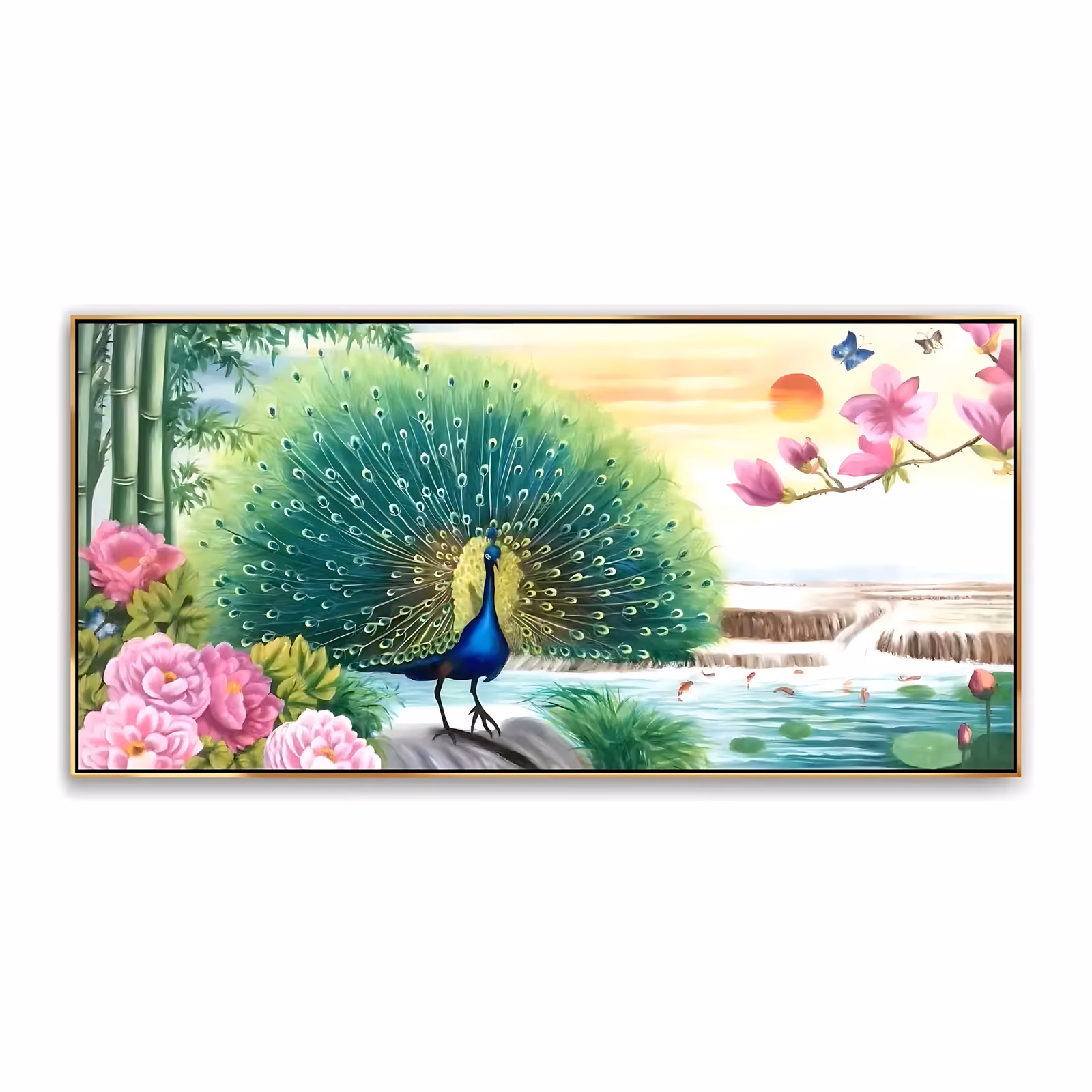 a wide panoramic realist painting of a peacock fanning a huge green and teal tail on a rock at left, pink peonies and magnolia branches around it, a stepped waterfall, koi and a red sun on the right, in painted color