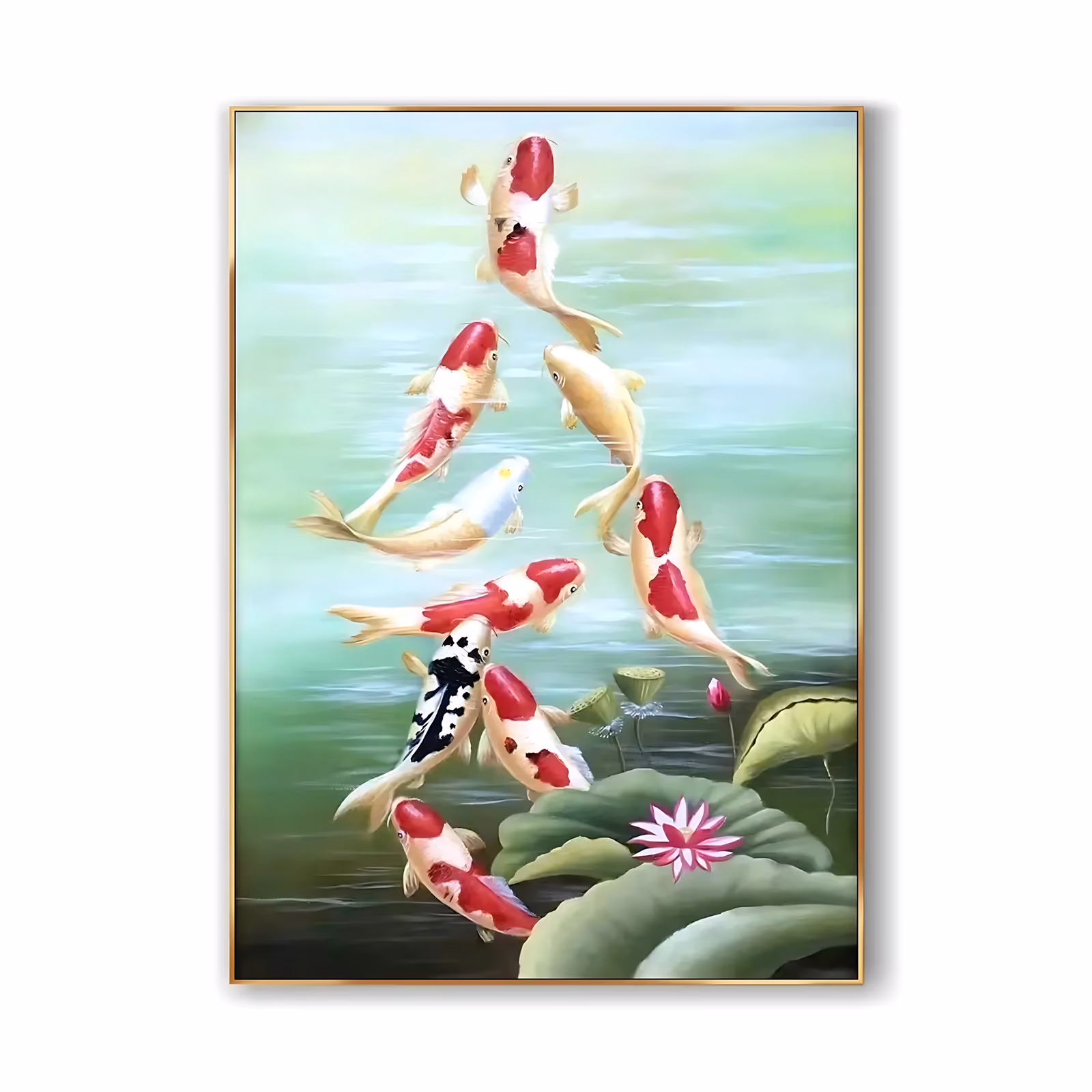 a large vertical painting of nine red, white and gold koi swimming upward through pale green water, with broad lotus pads and one open pink lotus at the lower right, in smooth blended oil