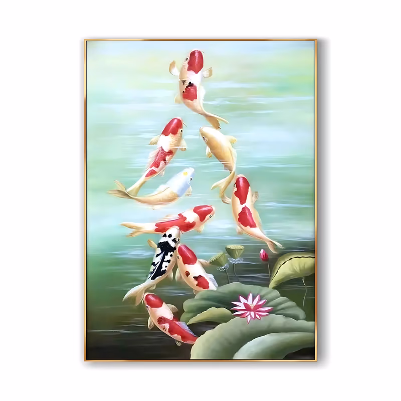 a large vertical painting of nine red, white and gold koi swimming upward through pale green water, with broad lotus pads and one open pink lotus at the lower right, in smooth blended oil
