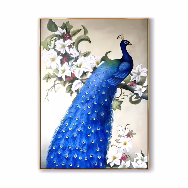 a large vertical realistic oil painting of a royal blue peacock perched on a branch, its long spotted tail hanging down the left side, framed by white six-petal blossoms on a warm cream background