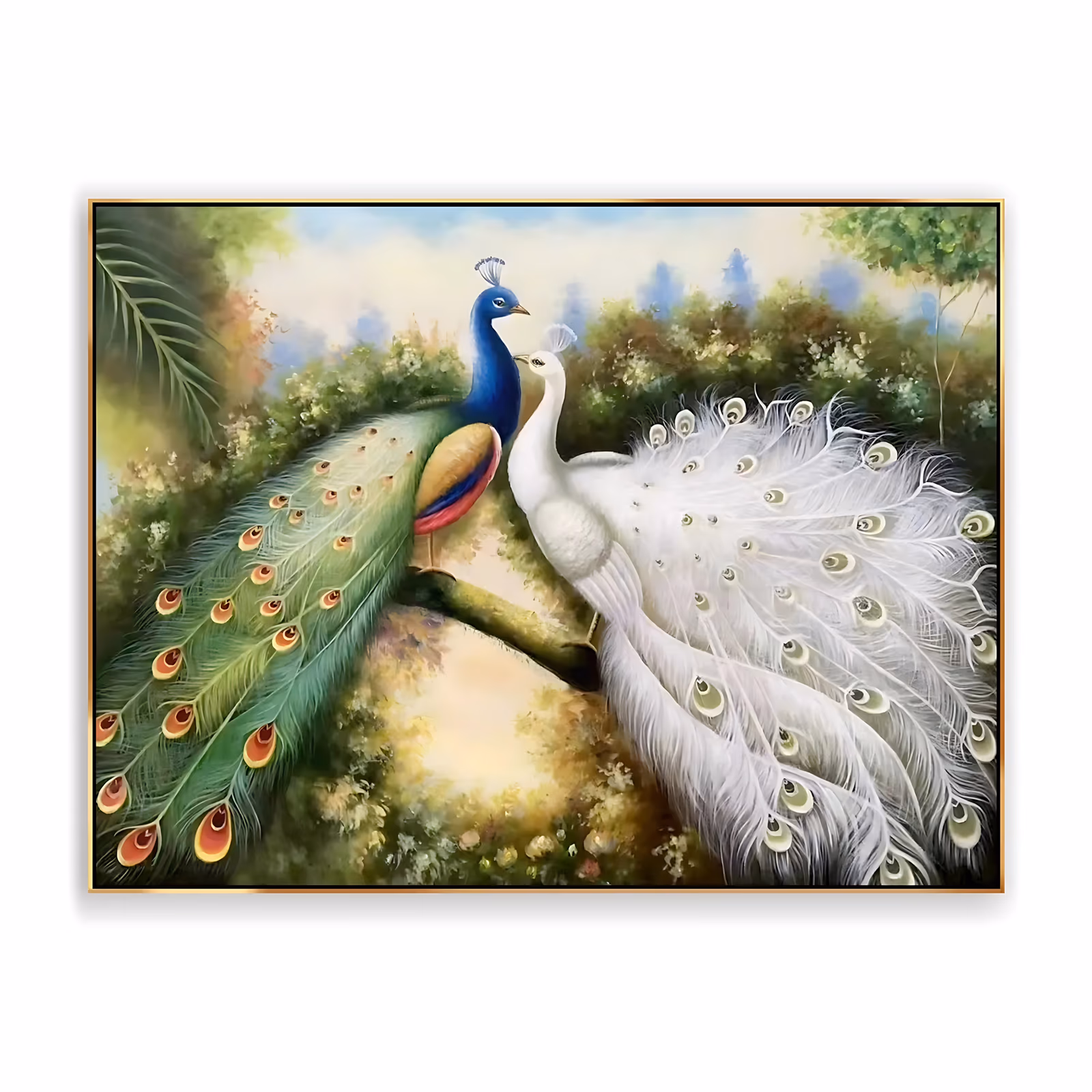 a wide horizontal realistic oil painting of two peacocks facing each other on a branch, a blue bird with a fanned green tail on the left and a white peacock with a pale open tail on the right in a flowering garden