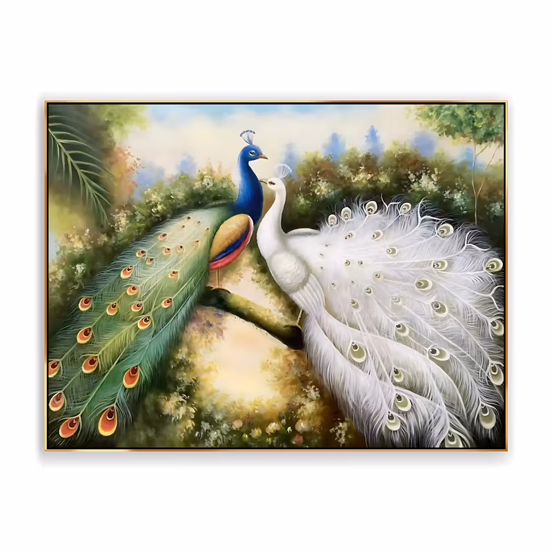 a wide horizontal realistic oil painting of two peacocks facing each other on a branch, a blue bird with a fanned green tail on the left and a white peacock with a pale open tail on the right in a flowering garden