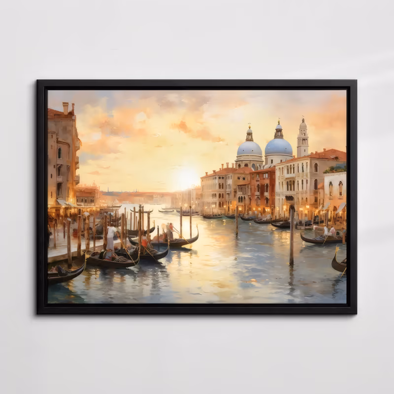a large horizontal impressionist painting of the Grand Canal in Venice at sunset, black gondolas and wooden mooring poles at the left, the domes of Santa Maria della Salute on the right, in soft warm oil