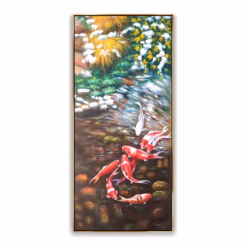 a tall vertical realist painting of a school of red and white koi swimming over brown river stones in the lower half, with white blossom branches and gold foliage above the rushing stream, in blended oil