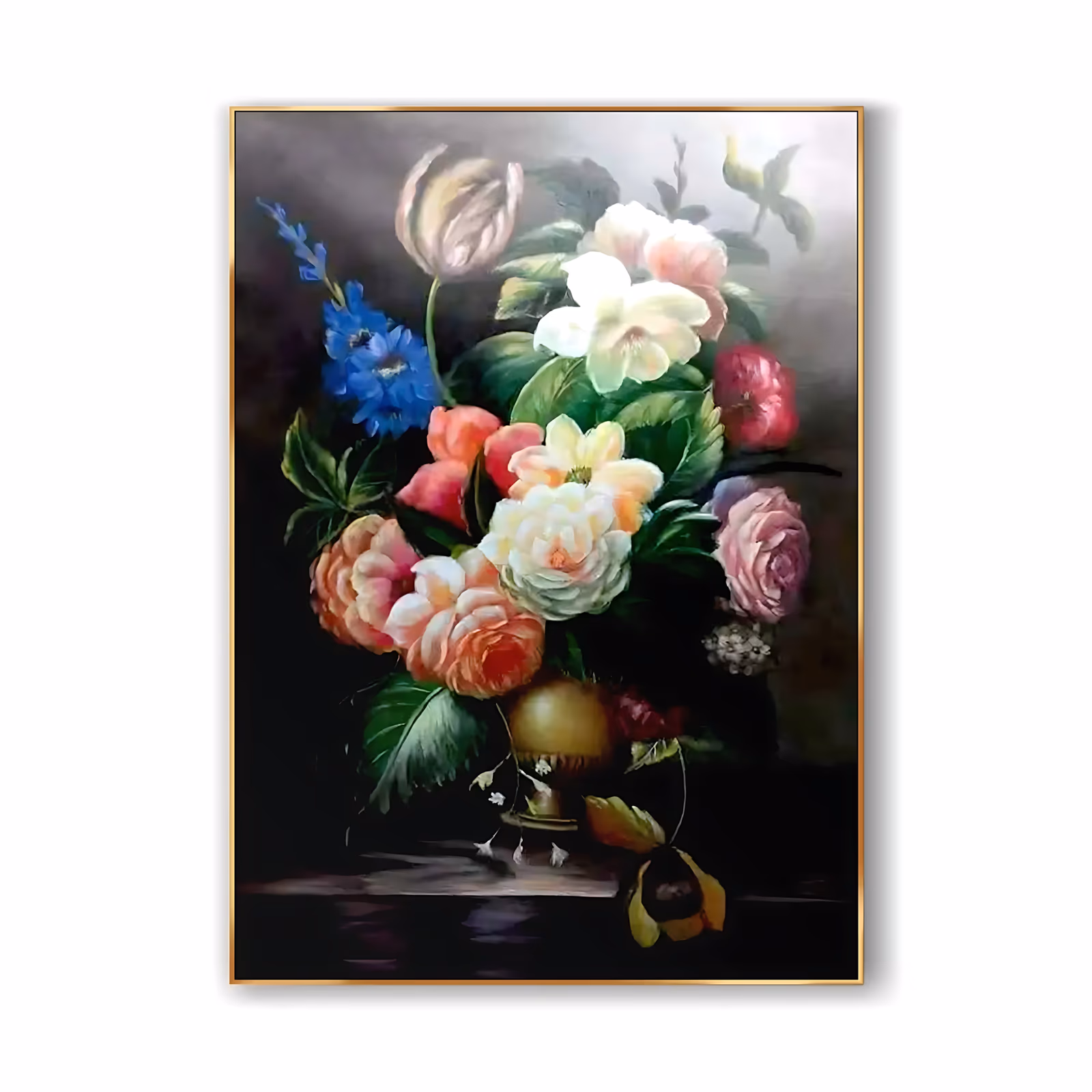 a large vertical realistic oil painting of a classical bouquet in a gold urn, white and coral roses, a cream tulip, blue delphinium and broad green leaves lit against a deep brown and black background