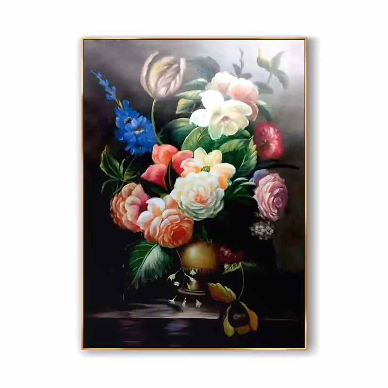 a large vertical realistic oil painting of a classical bouquet in a gold urn, white and coral roses, a cream tulip, blue delphinium and broad green leaves lit against a deep brown and black background