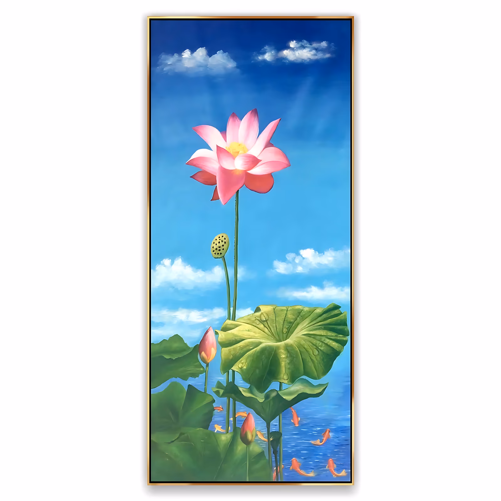 a tall vertical realist painting of one pink lotus flower open near the top of the frame on a long green stem, with a seed pod, two buds and broad lily pads under it and orange koi swimming in blue water, in smooth oil