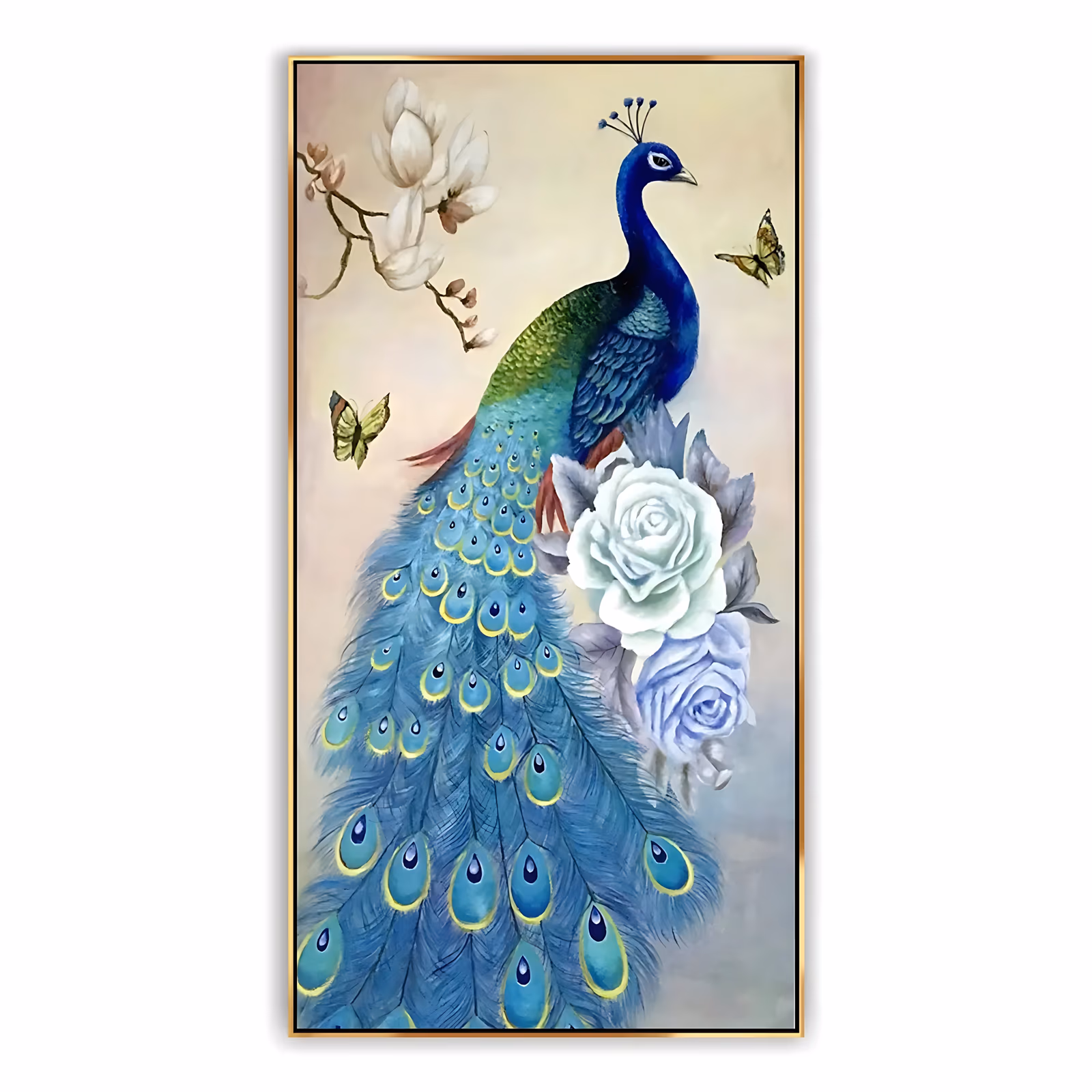 a tall narrow hand-painted canvas of a blue peacock perched high with its teal eye-feather tail hanging the full height, white and lilac roses at its side and two small butterflies on a cream ground