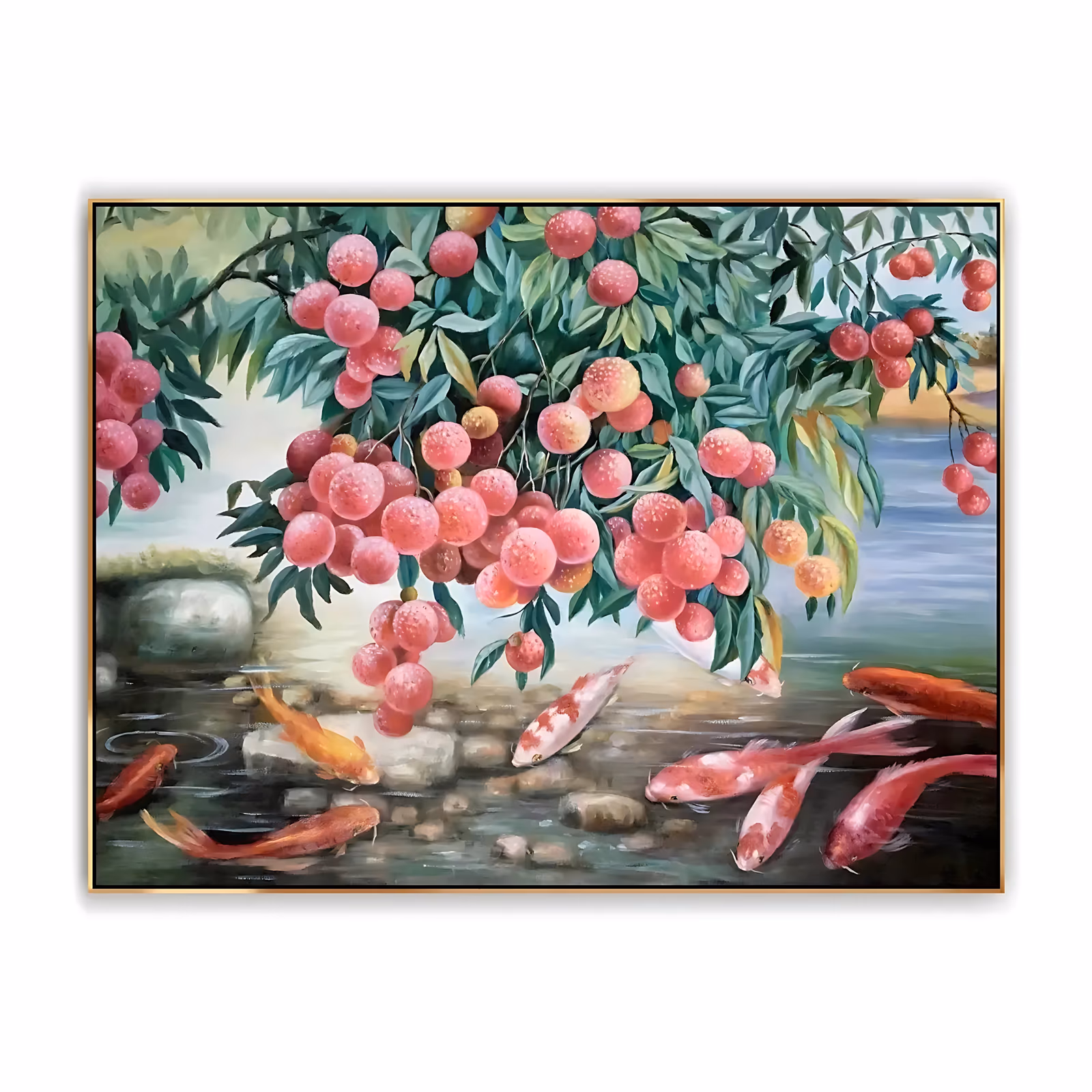 a large horizontal still life painting of lychee branches heavy with pink-red fruit hanging over a shallow pond, orange and red koi swimming among pale stones below, in green and grey-blue tones, in smooth oil