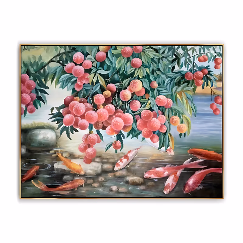 a large horizontal still life painting of lychee branches heavy with pink-red fruit hanging over a shallow pond, orange and red koi swimming among pale stones below, in green and grey-blue tones, in smooth oil