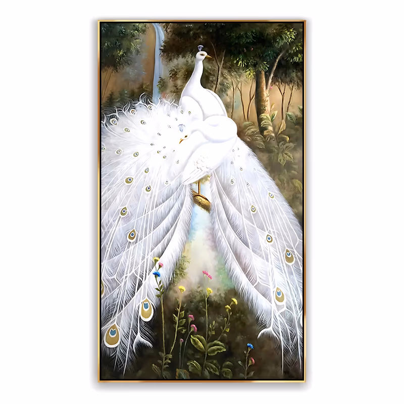 a tall vertical wildlife painting of two white peacocks on a mossy bank, the front bird fanning a wide white tail of eyed feathers, with a waterfall and small wildflowers behind in oil