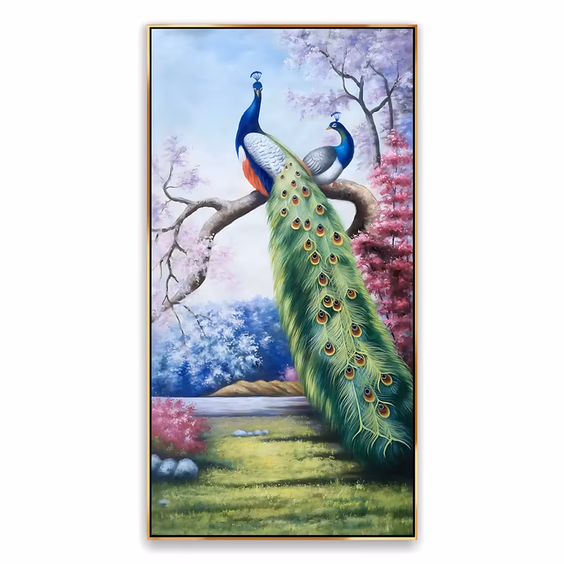 a tall vertical realist painting of two peacocks perched on a bare branch, one trailing a long green tail down the center of the frame, with pink blossom trees, a lake and green grass behind, in oil