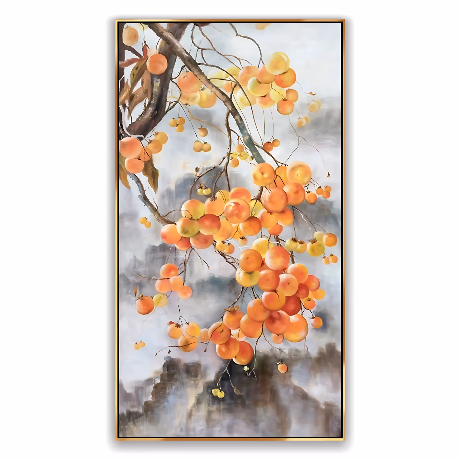 a tall vertical realist painting of branches loaded with orange and yellow persimmons hanging from the upper left over layered gray mountains in mist, with bare twigs and a few dark red leaves, in soft blended oil