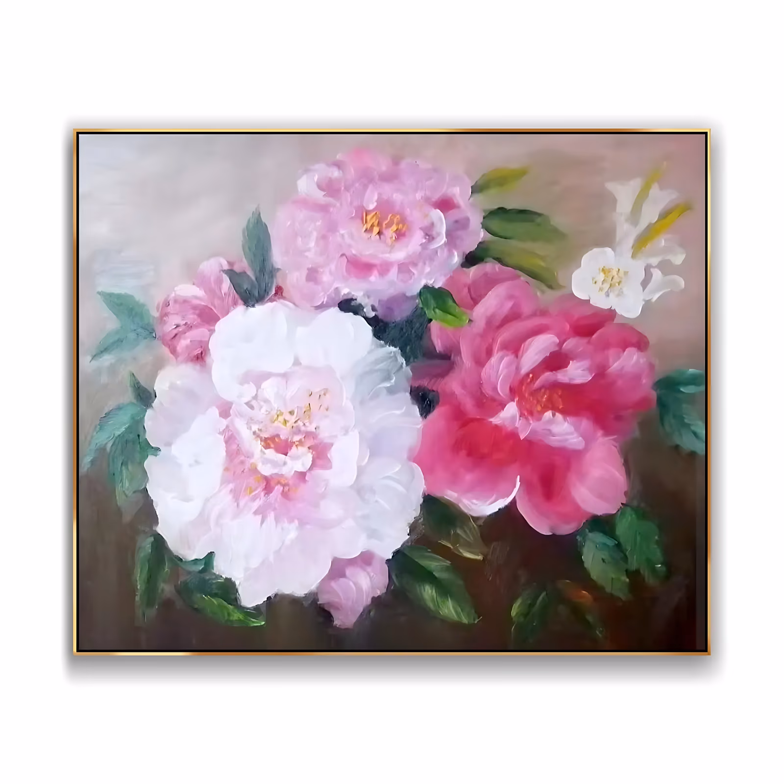a wide horizontal impressionist floral painting of pale pink, white and deep magenta peonies with a small white blossom at the right, green leaves around them on a soft mauve-brown ground, in thick loaded brushwork