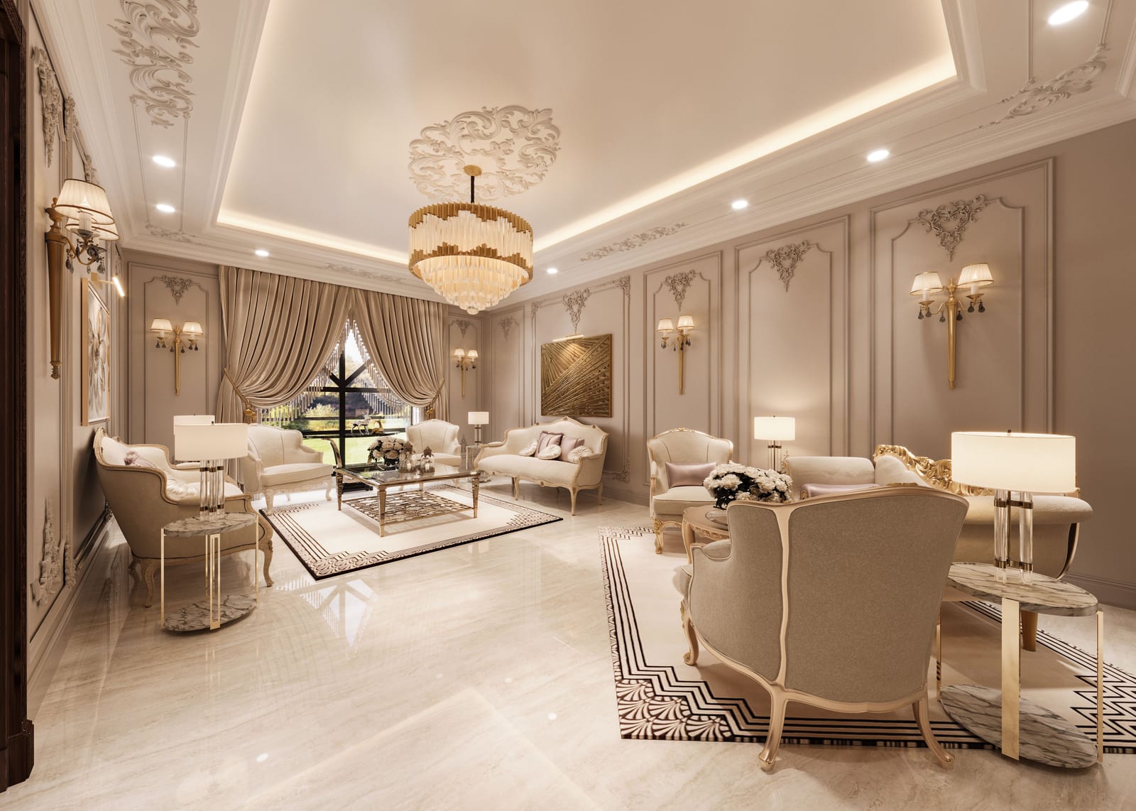 A cream and gold formal reception room with panelled walls, a tiered chandelier, marble floor and matched cream sofas.