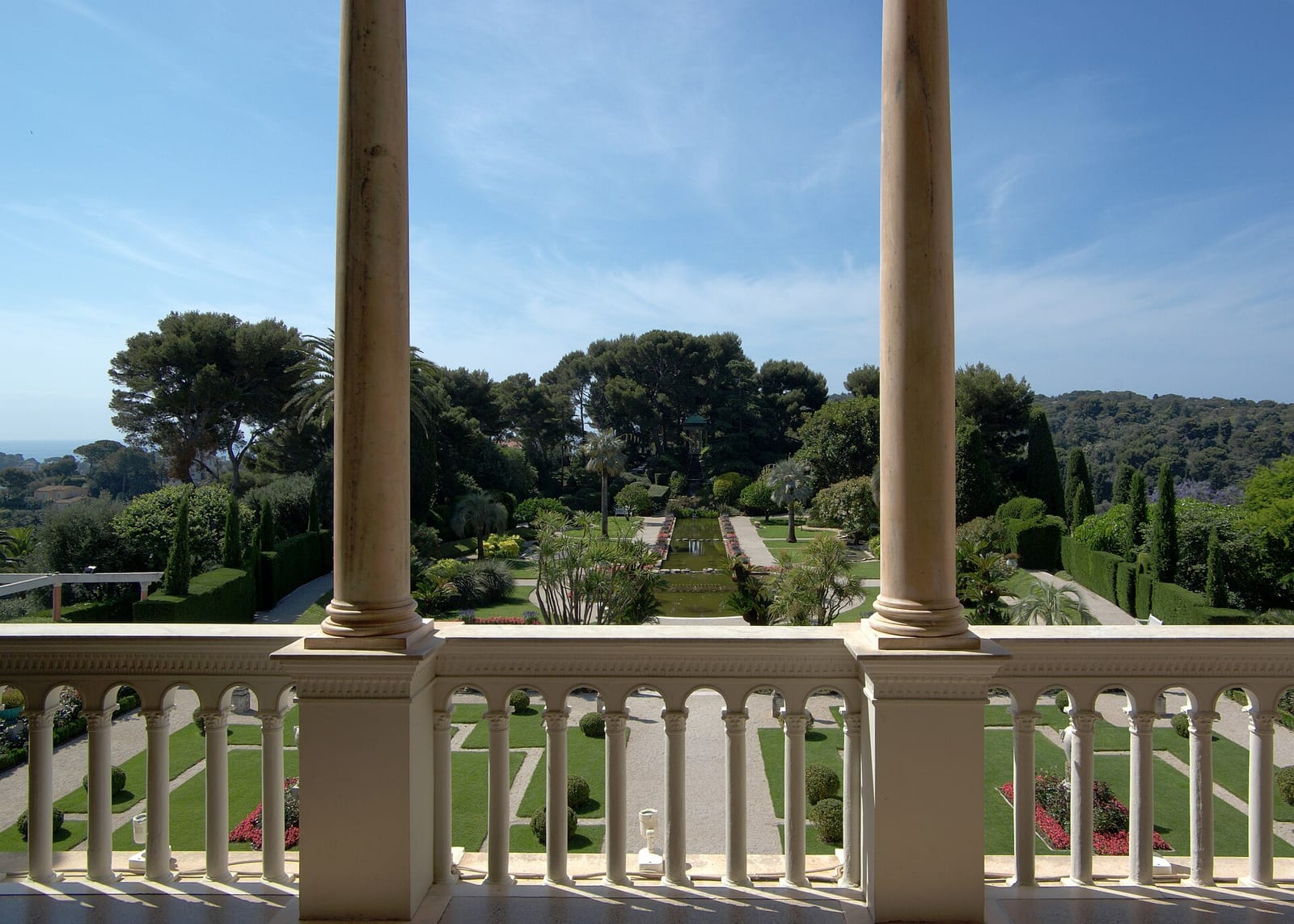 View from the loggia of the Villa Ephrussi de Rothschild on Cap Ferrat over its formal gardens toward the sea.