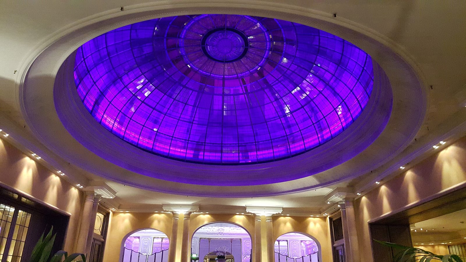 Illuminated glass dome above the lobby of the Hotel Bayerischer Hof in Munich