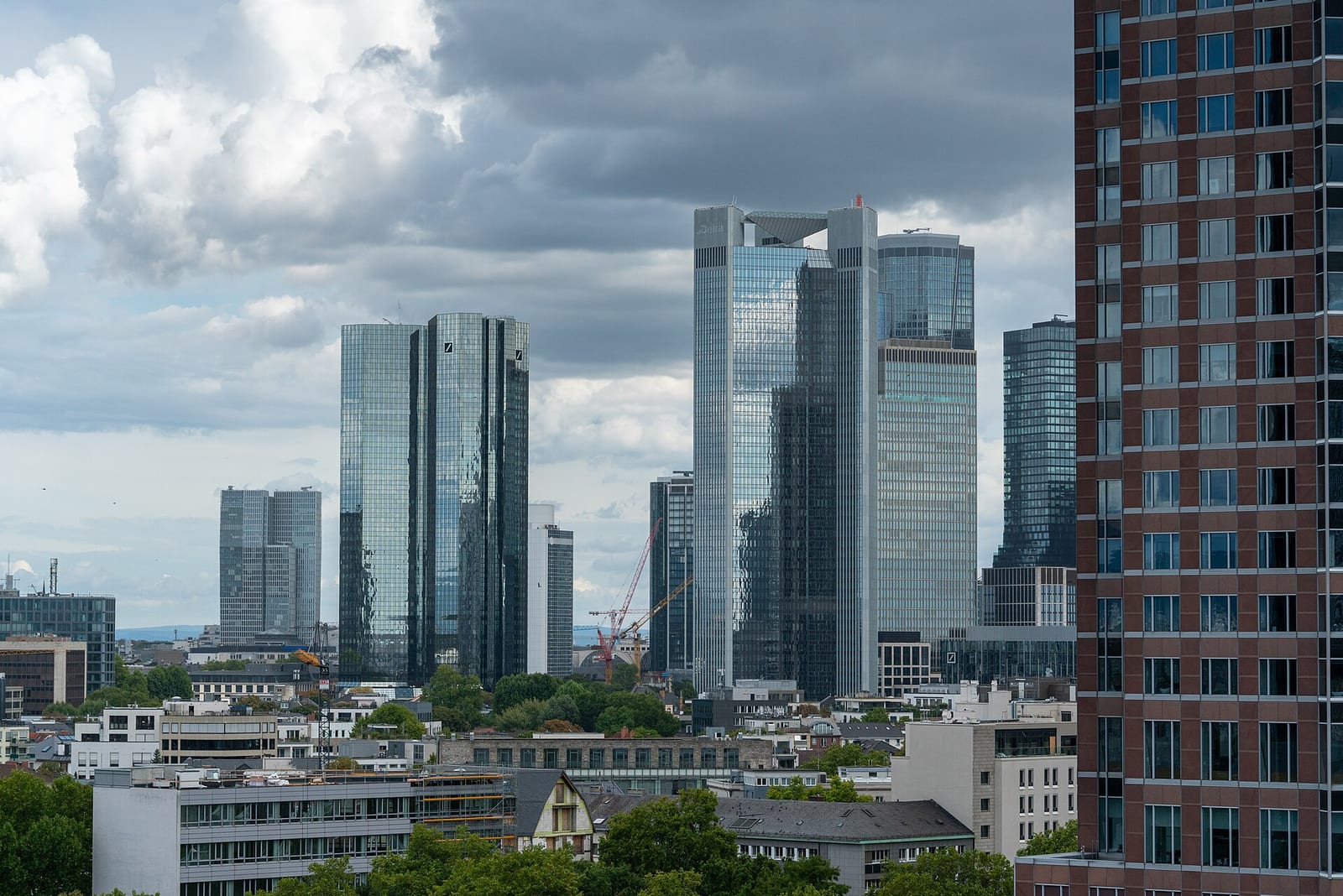Deutsche Bank twin towers in Frankfurt's banking district against the skyline