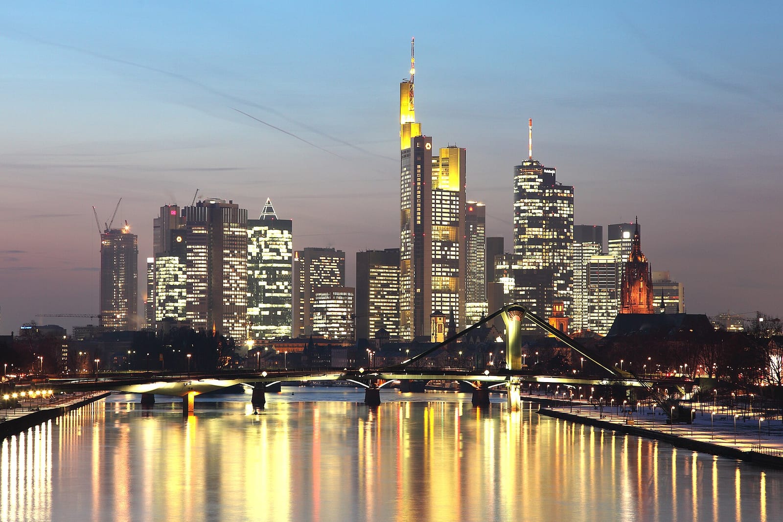 Frankfurt am Main skyline of bank towers seen across the river Main under a clear sky