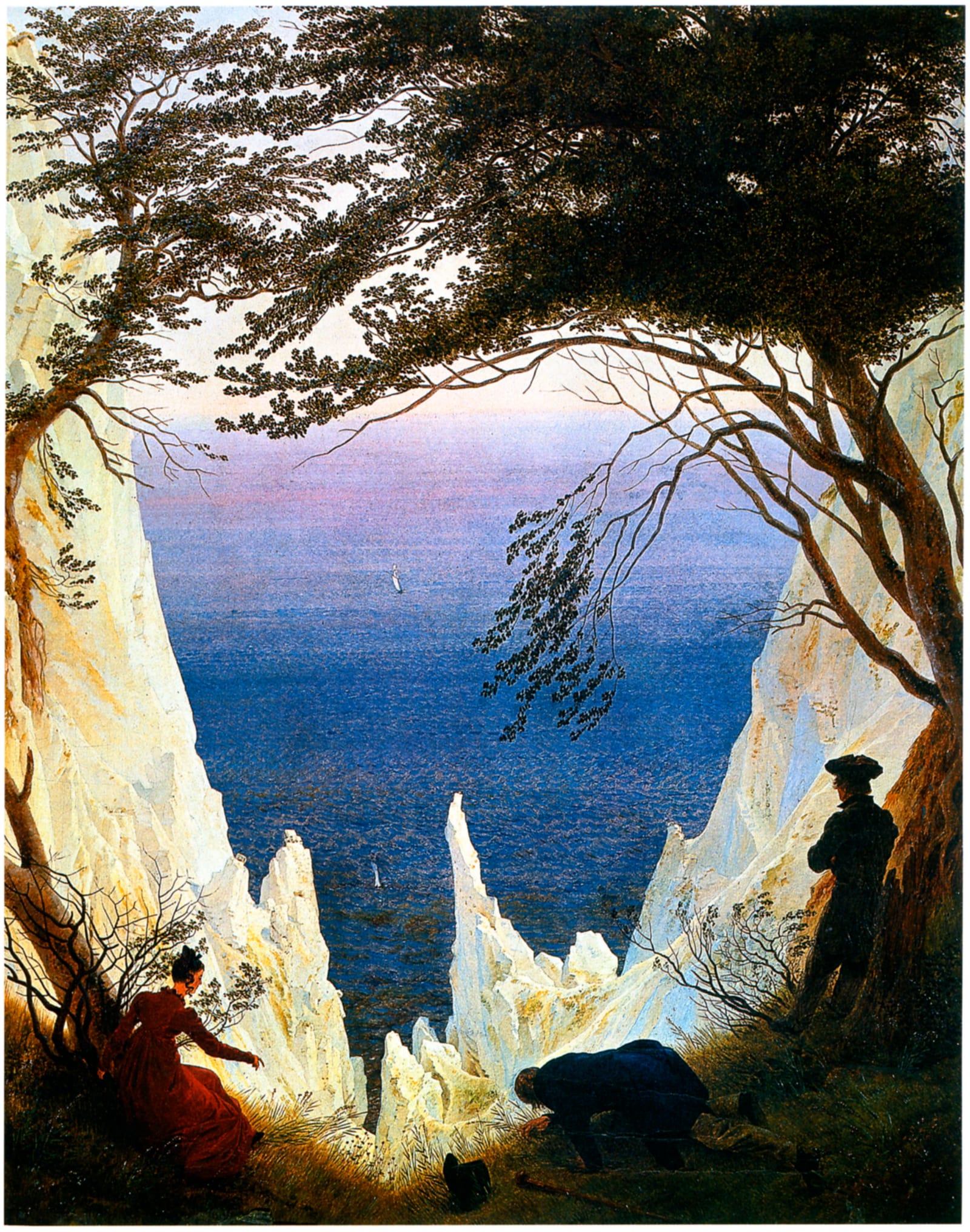 Caspar David Friedrich's painting Chalk Cliffs on Rügen with three figures above the sea