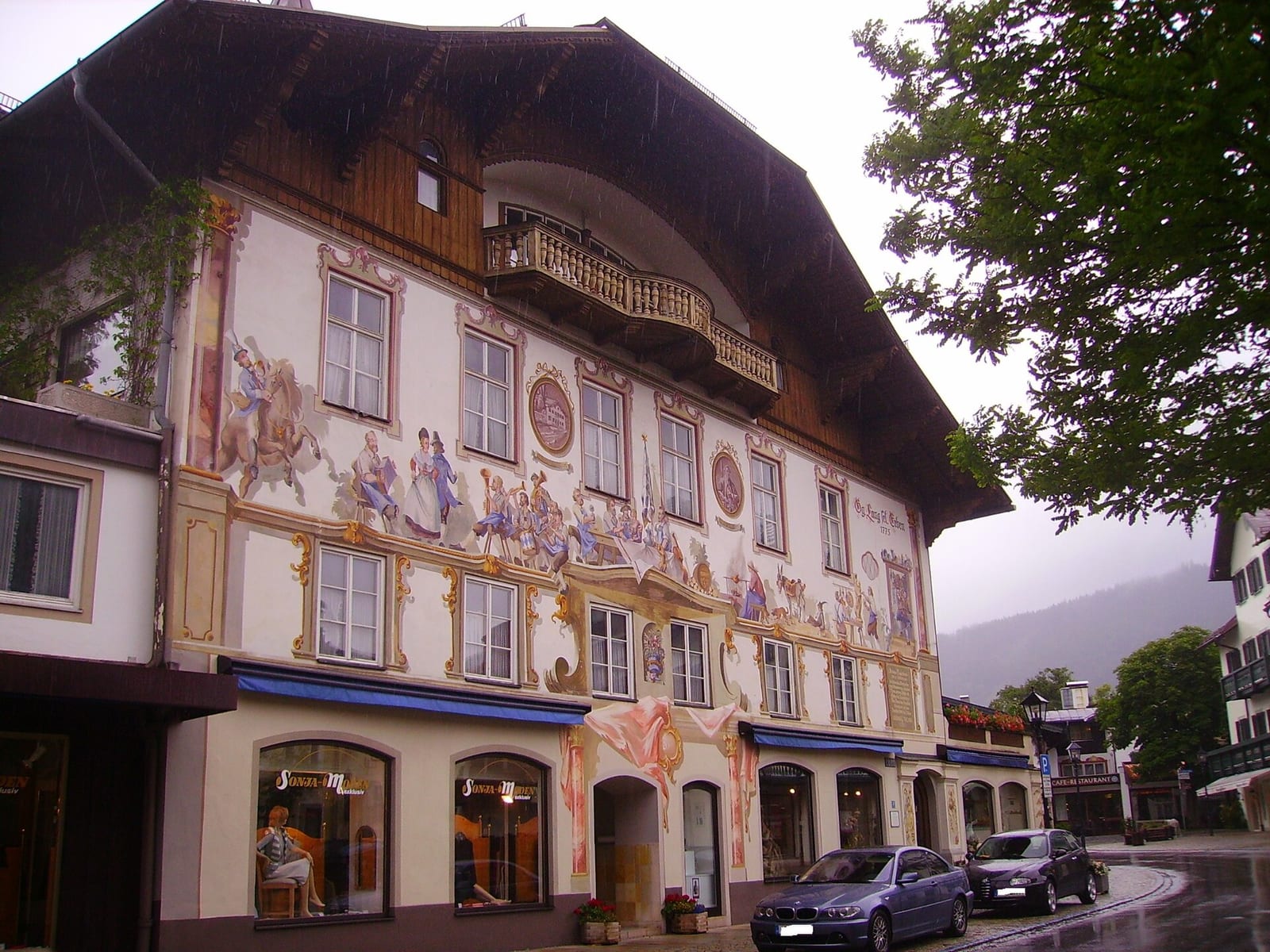 Painted Lüftlmalerei frescoes on a house facade in Oberammergau, Upper Bavaria