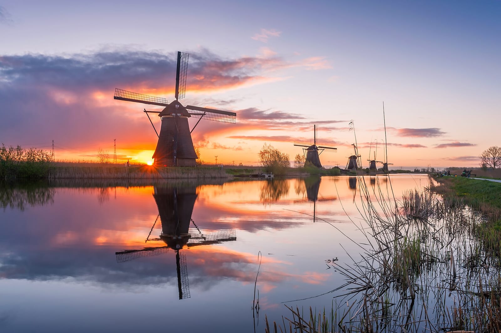Windmills at Kinderdijk reflected in still water at sunrise, with orange and violet sky over the flat polder.