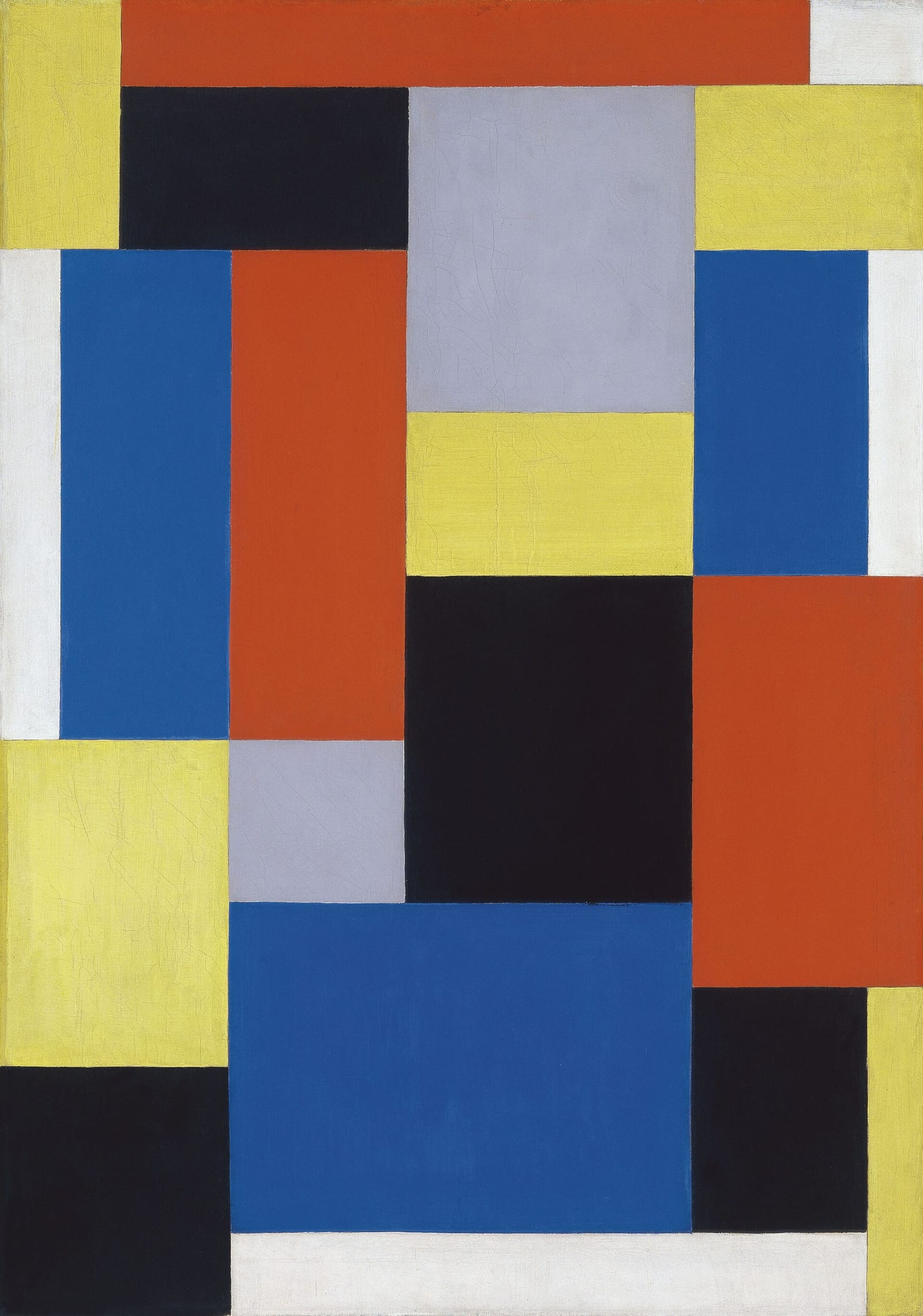 Composition XX by Theo van Doesburg: a grid of red, yellow, blue, black and grey rectangles on a white ground.