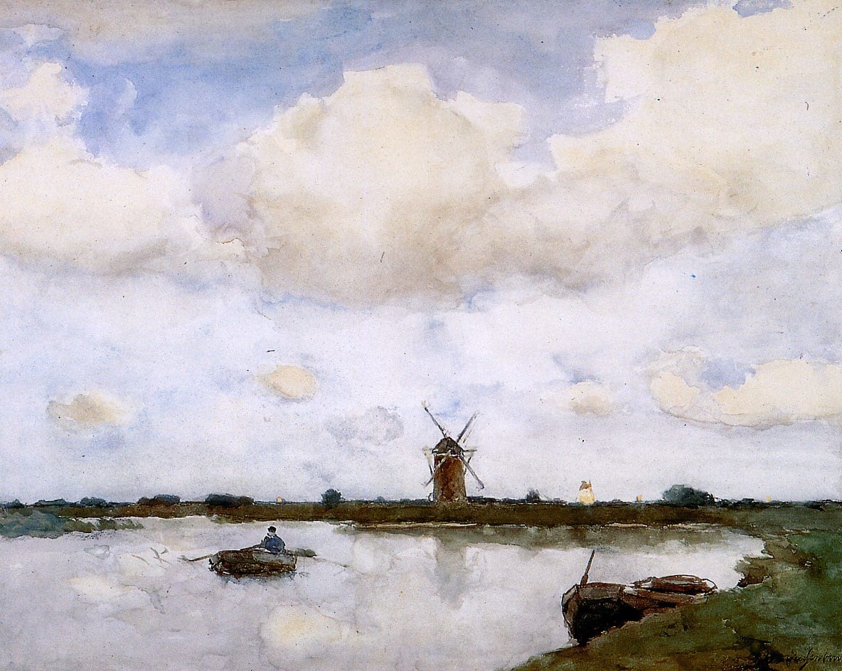 Watercolour by Johan Hendrik Weissenbruch of a windmill and rowing boat under a huge cloudy sky over a flat Dutch polder.