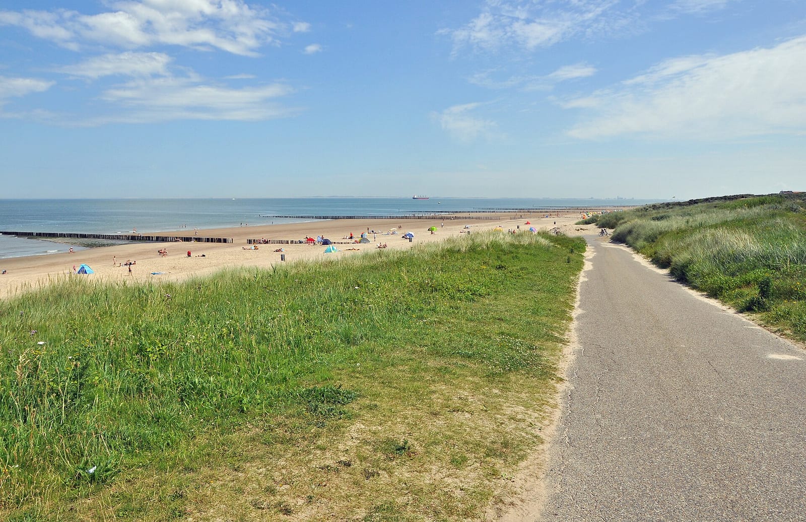 A path along the grassy dunes above a wide, empty North Sea beach at Cadzand-Bad in Zeeland under a pale sky.