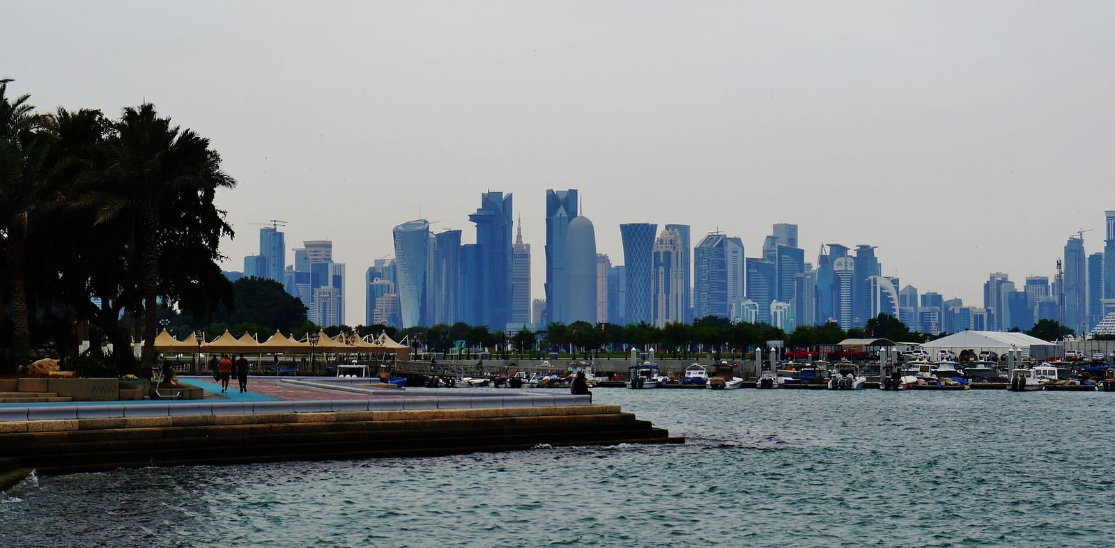 The West Bay office and hotel towers of Doha seen across the bay from the Corniche promenade in January 2023.