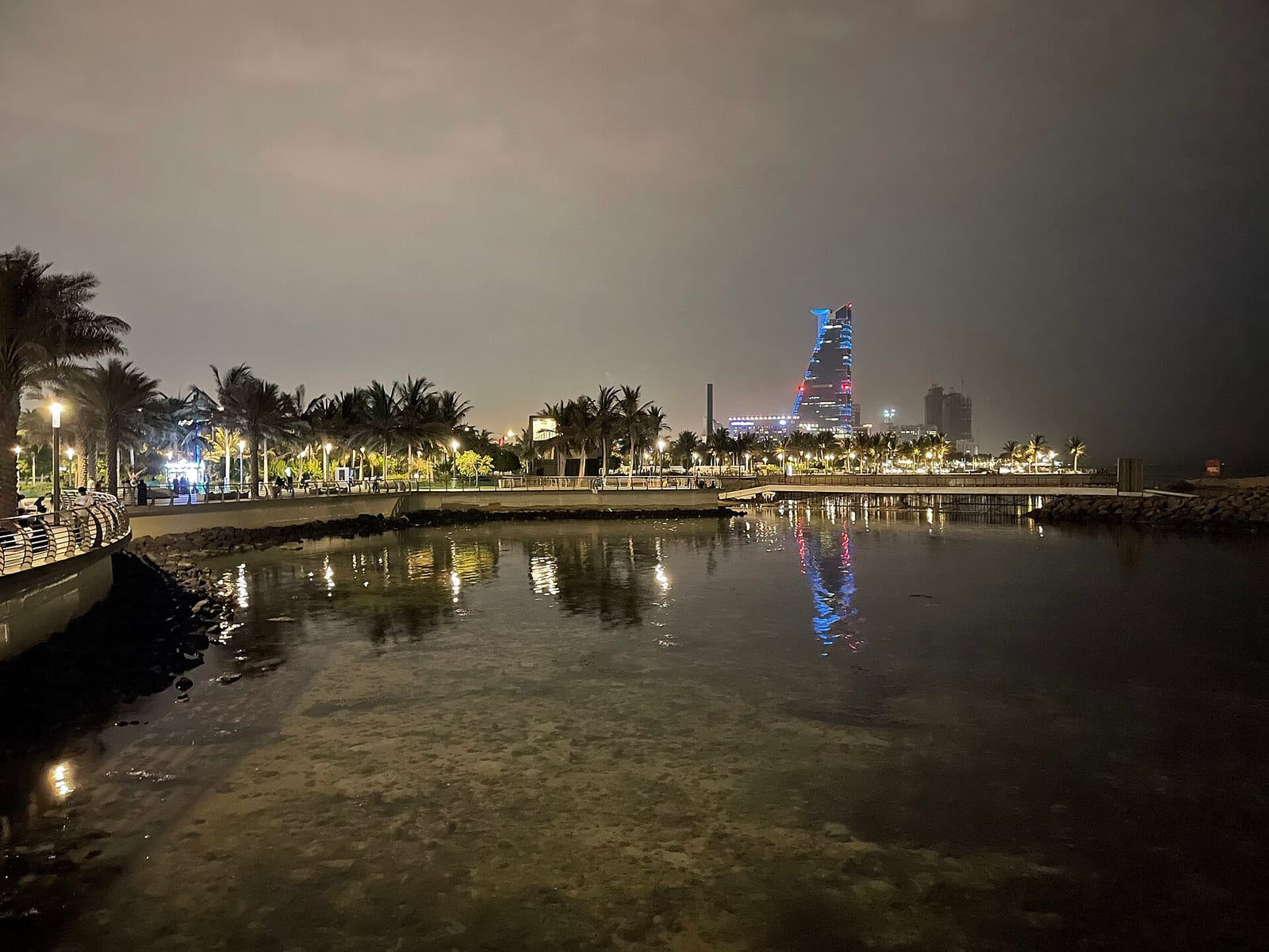 Jeddah Corniche waterfront lit up at night along the Red Sea, July 2021.