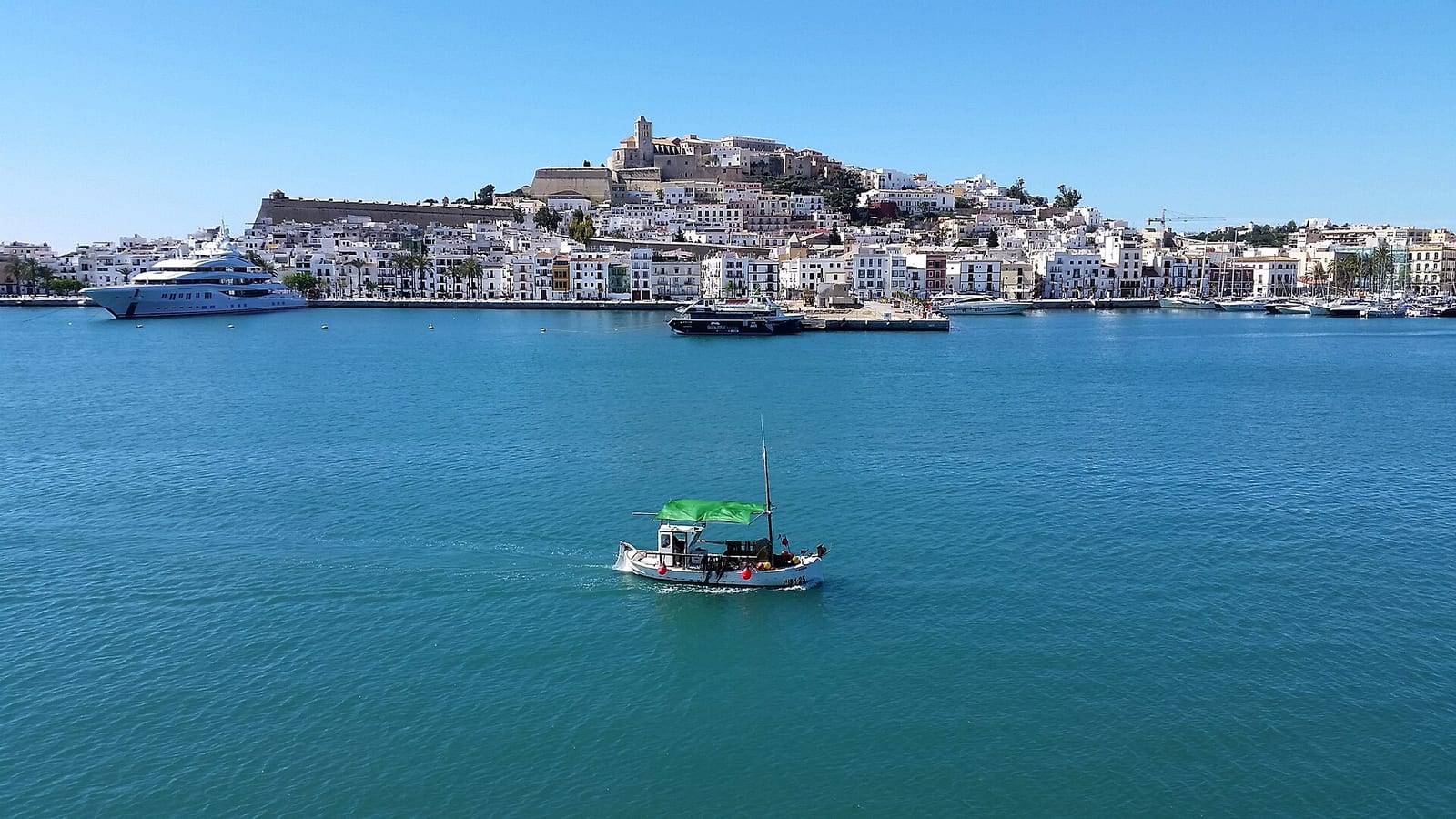 Dalt Vila, the walled old town of Ibiza, rising above the harbour with its cathedral on the summit.