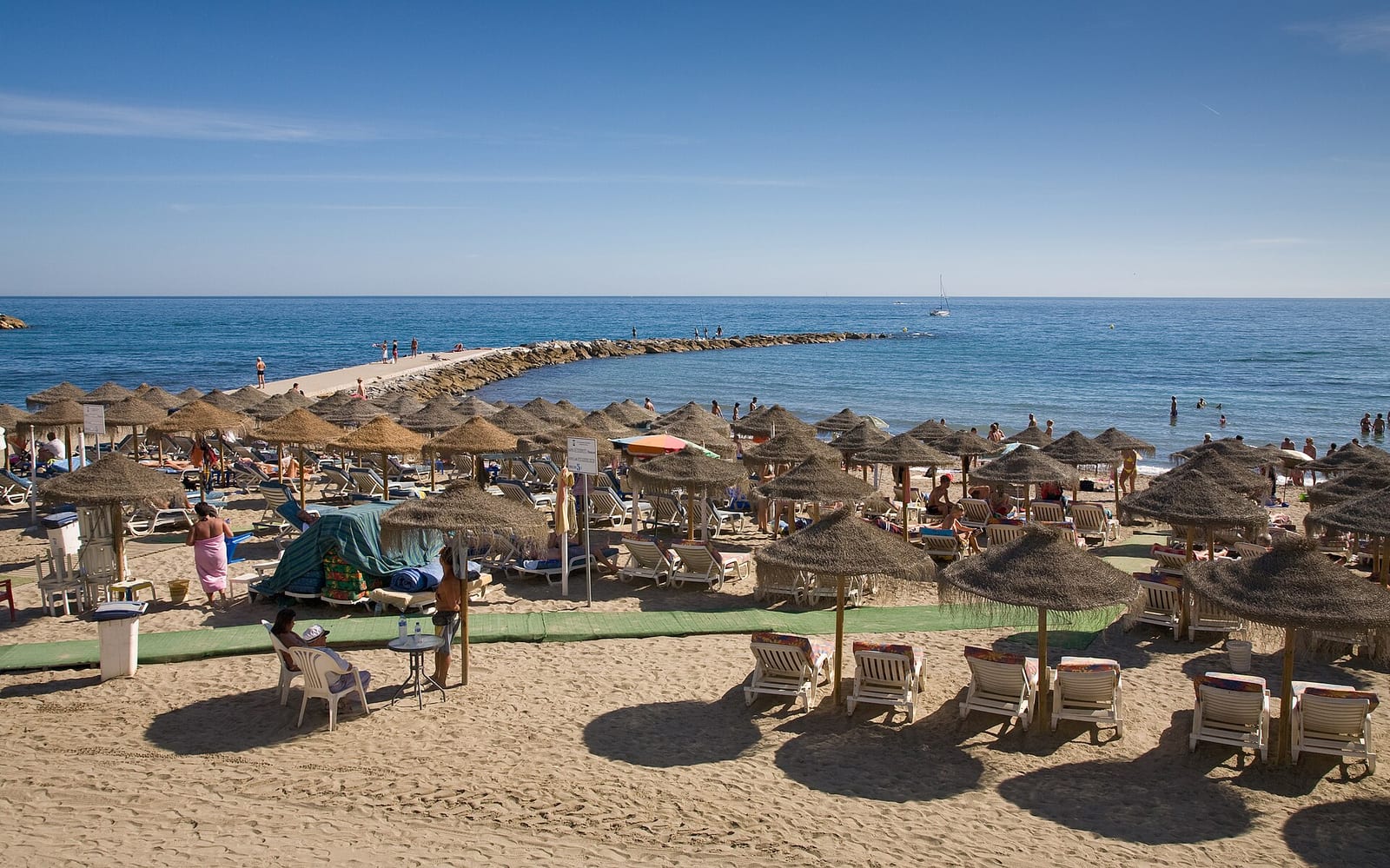 Marbella beach on the Costa del Sol, a wide sandy shore with palms, sun loungers and the sea in September light.