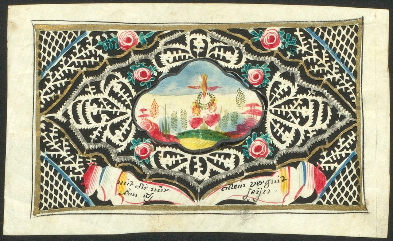 A nineteenth-century Appenzell Scherenschnitt paper-cut with symmetrical black lace patterns, painted flowers and a bird.