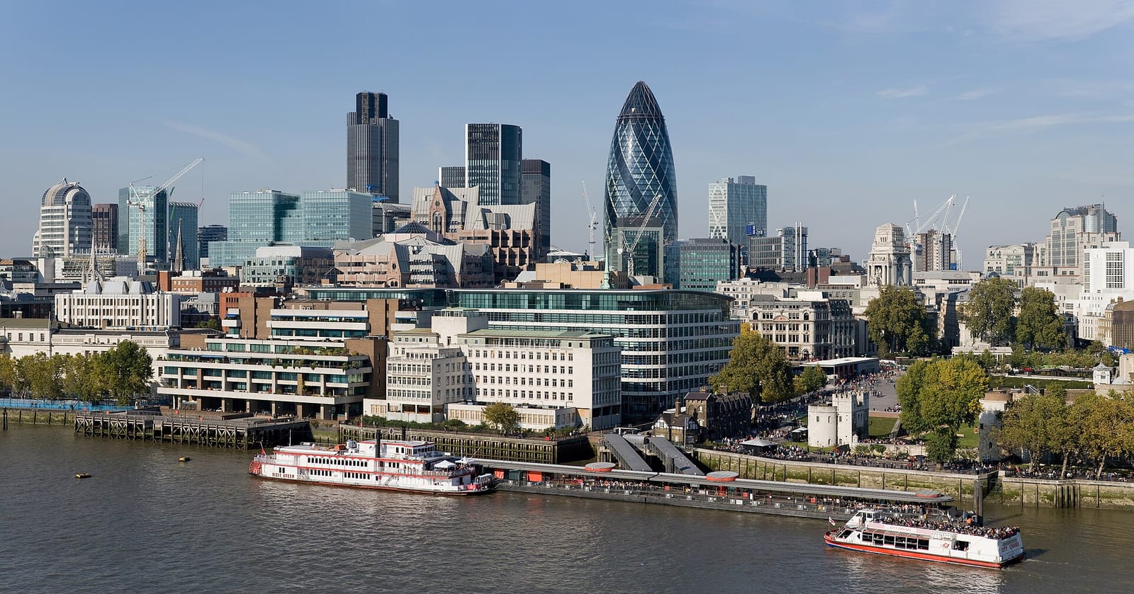 The City of London financial district skyline seen across the Thames from City Hall.