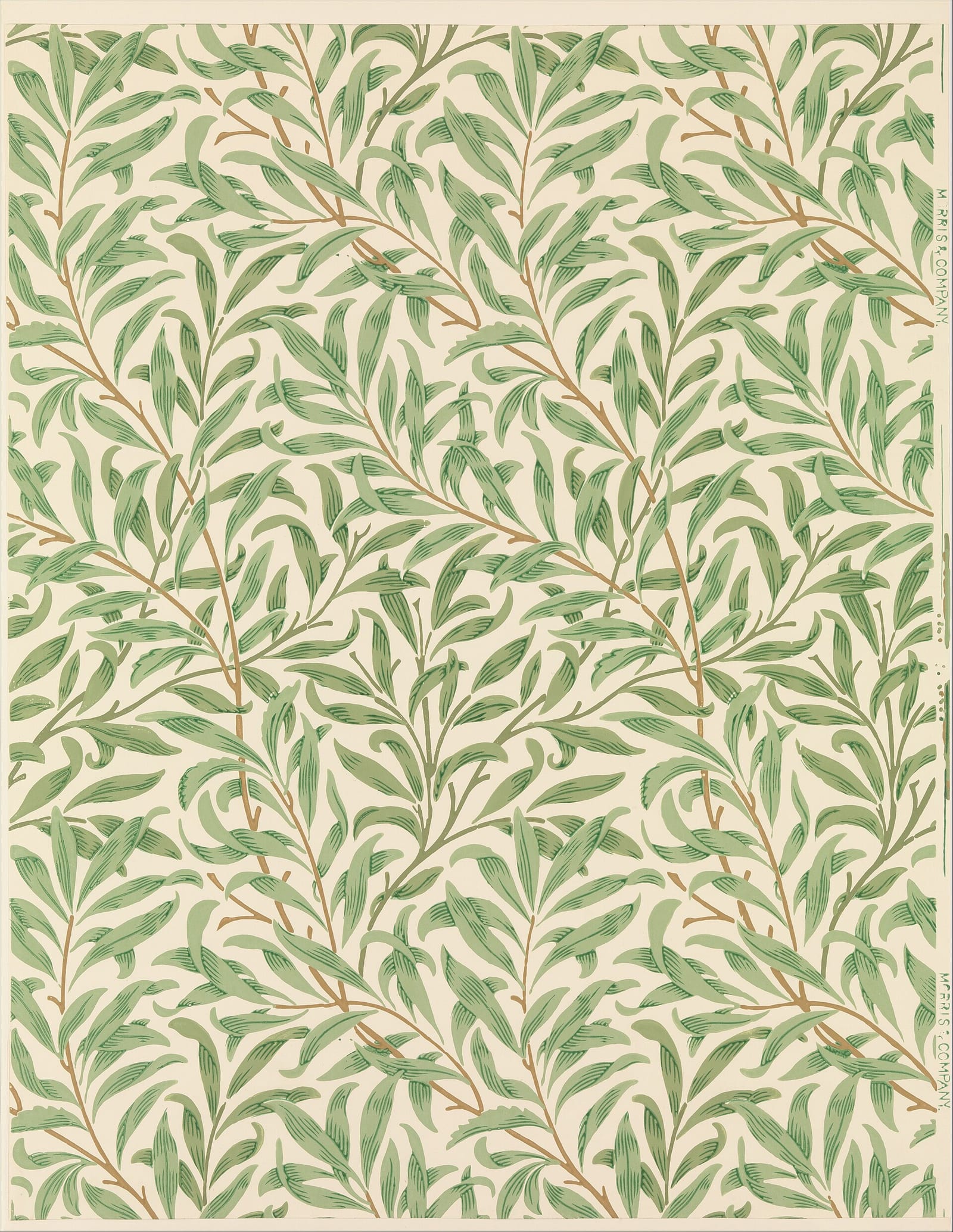 William Morris Willow Bough wallpaper pattern of interlaced green willow leaves on a pale ground.