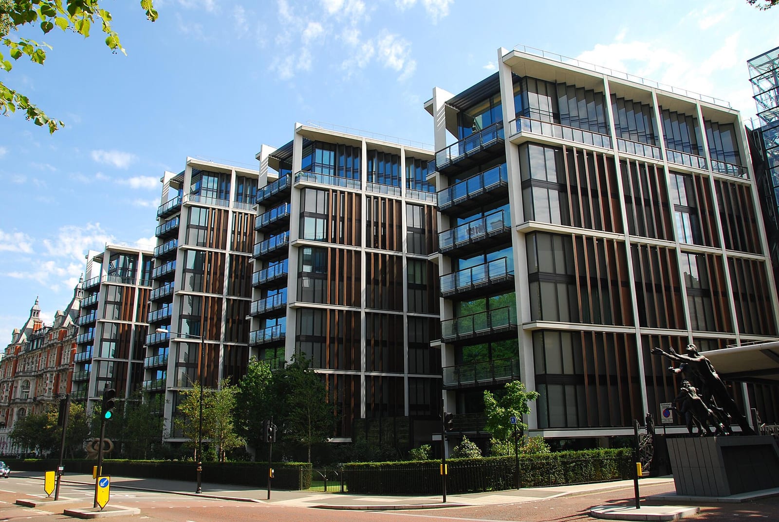 The glass and steel facade of One Hyde Park, Knightsbridge, by Rogers Stirk Harbour.