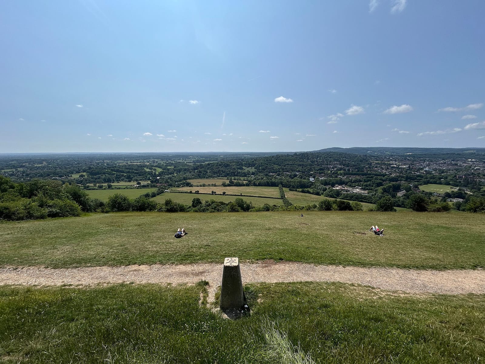 Rolling green Surrey Hills landscape viewed from the Salomons Memorial on Box Hill.