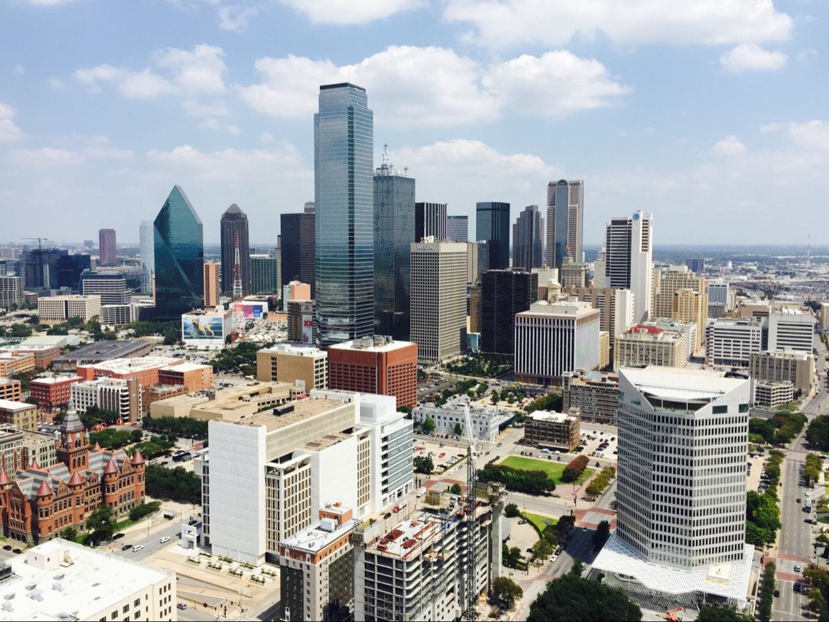 Downtown Dallas skyline of glass office towers seen from Reunion Tower, January 2017.