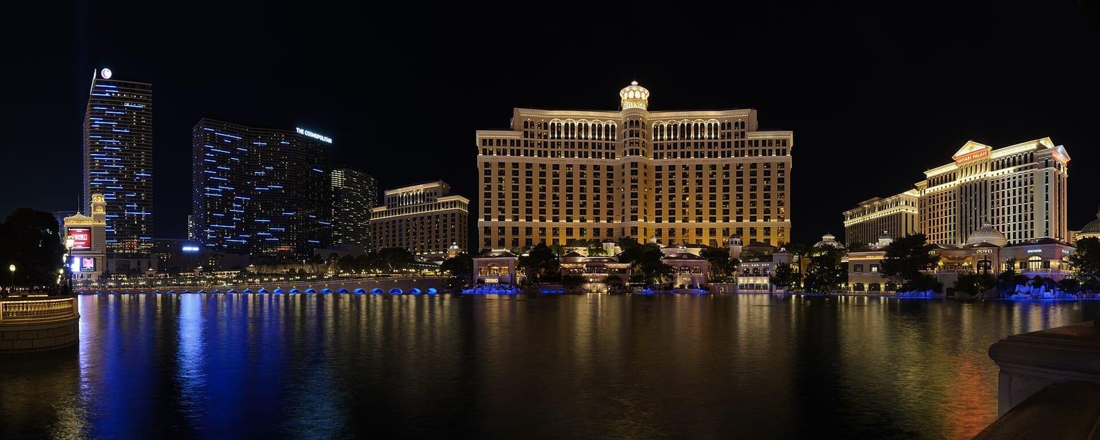 Panorama of the Cosmopolitan, Bellagio and Caesars Palace hotels across the Bellagio fountains, Las Vegas, December 2013.