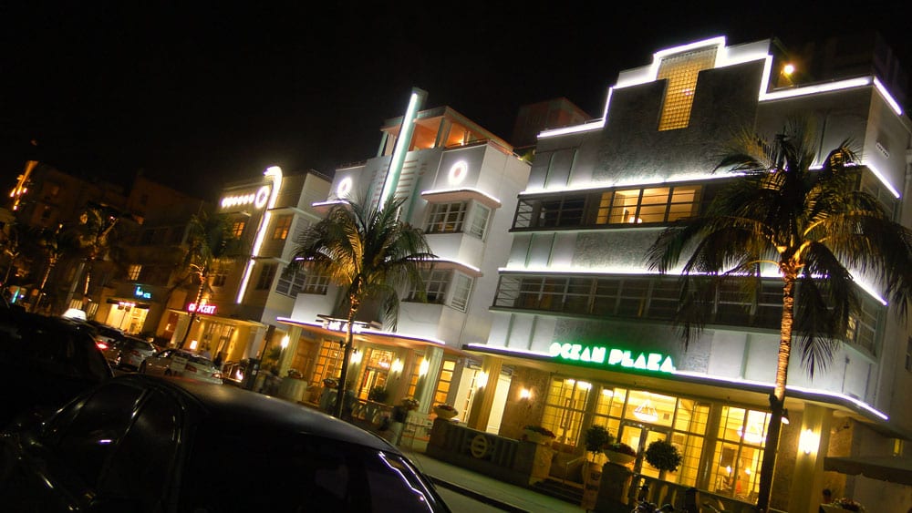 Pastel Art Deco hotel facades in the sunshine along Ocean Drive, Miami Beach, Florida.