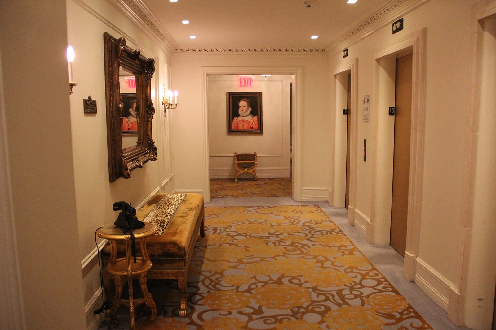 Gilded elevator lobby of the Plaza Hotel, New York, with marble floors and ornate ceiling, September 2017.