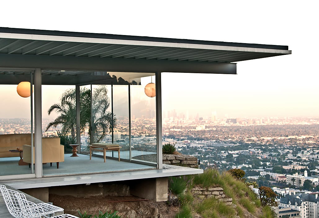 The glass-walled Stahl House, Case Study House No. 22, cantilevered over the Hollywood Hills at dusk, 2011.