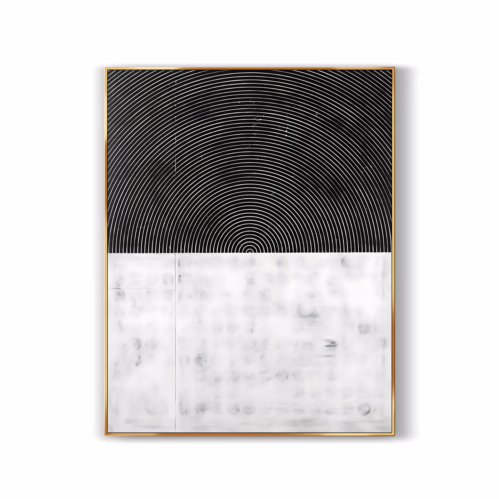 a large vertical minimalist painting split in two, the upper half black with fine concentric arcs carved from a low center point, the lower half mottled white with faint circular imprints, in raised relief plaster